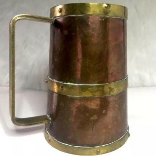 Antique Copper Mug Brass Banded Tankard Rich Patina Vtg Primitive Metalware