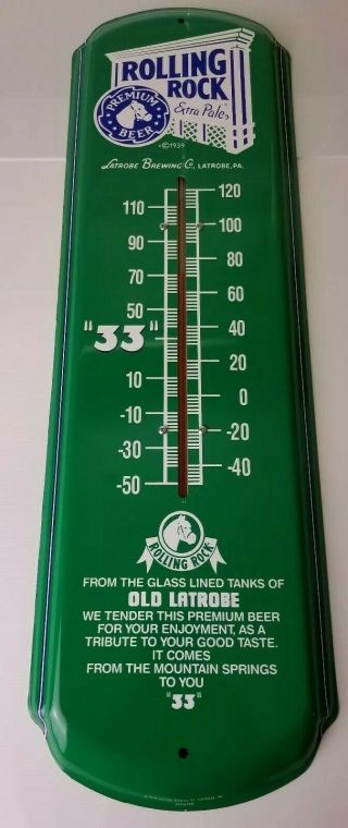 Vintage Rolling Rock Green Metal Outdoor Thermometer " 33 " Beer Sign 27 " X 8 "
