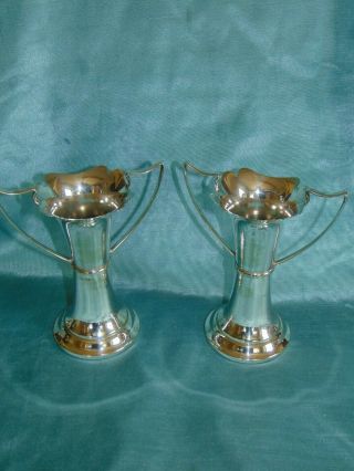 Pair Antique Art Nouveau Silver Plated Vases - Whiplash Art Nouveau