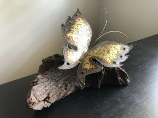 Vintage Signed Mid Century Modern Brutalist Copper Butterfly Art Driftwood Base