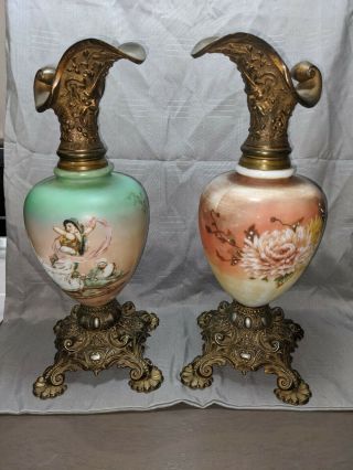 Antique Victorian Handpainted Mantle Ewers Vases