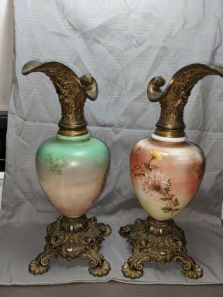 Antique Victorian Handpainted Mantle Ewers Vases 3