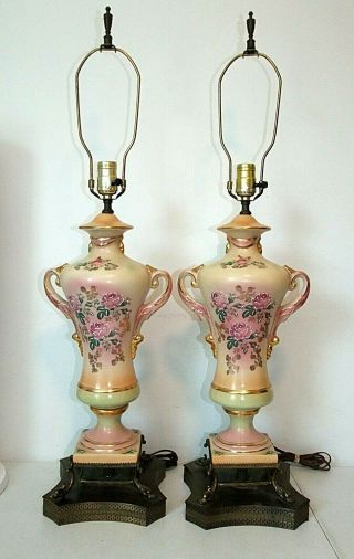 Vintage Pair 3 - Way Hand - Painted Lamps With Footed Dolphin Bases,  Gorgeous