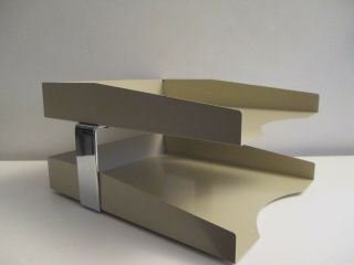 Vtg Mid - Century Modern Enameled Steel & Chrome Double Letter Tray