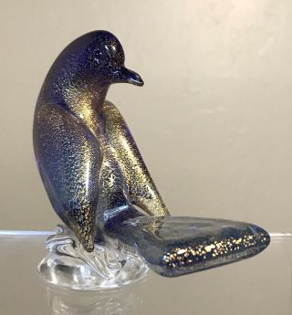 Vintage Murano Glass Bird On Base Archimede Seguso Label Blue With Gold