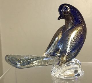 VINTAGE MURANO GLASS BIRD ON BASE ARCHIMEDE SEGUSO LABEL BLUE WITH GOLD 3