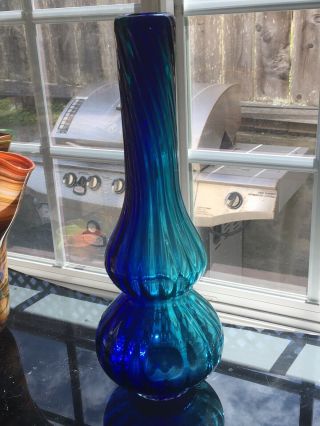 Murano Style Vintage Cobalt Blue Emerald Green Swirl Glass Bottle Vase