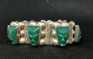 Vintage Mexican Aztec Mask Sterling Silver Green Onyx Bracelet 7.  5” (62.  3 G)