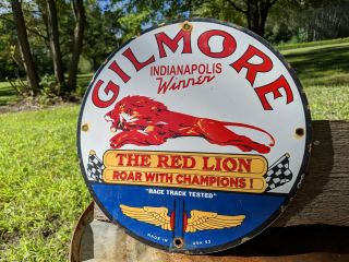 Old Vintage Dated 1952 Gilmore The Red Lion Porcelain Pump Ad Sign Indianapolis
