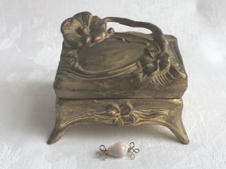 Antique Art Nouveau Victorian Ormlu Metal Jewelry Trinket Box & Wire Shell Pin