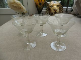 Art Deco Authentic Champagne Glasses X 5 With Etched Design Quality