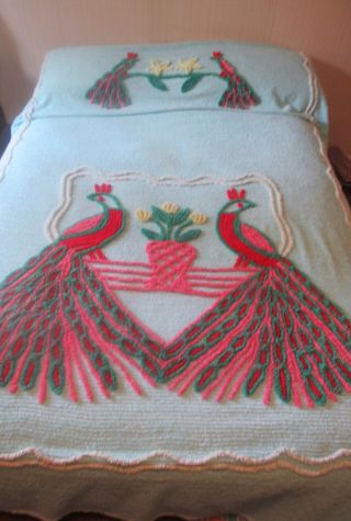 Vintage Double Peacock Chenille Bedspread.  103 X 90.  Pale Green