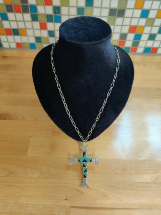 Vintage Southwestern Sterling Silver And Turquoise Pendant & Chain Handmade