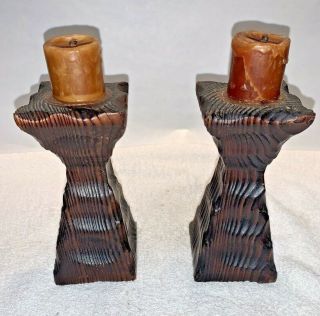 Pair Vintage Witco Carved Wood Candle Holders Cryptomeria Mid Century Tiki Bar