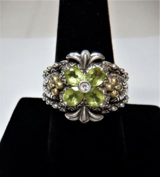 Vtg Barbara Bixby 18k Gold Sterling Silver Peridot Flower Ring Size 9