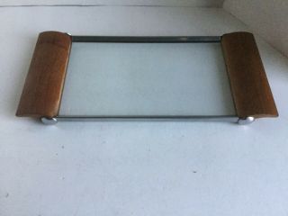 Vintage Mid Century Modern Wood Handles And Glass Serving Tray