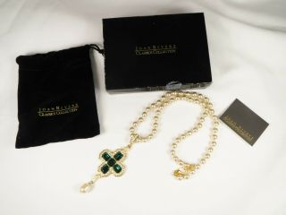 Vintage Joan Rivers Faux Pearl Necklace With Gorgeous Green Cross Enhancer