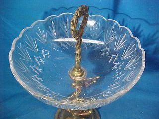 Vintage VICTORIAN Style BRASS Figural DOLPHIN Base GLASS COMPOTE 3