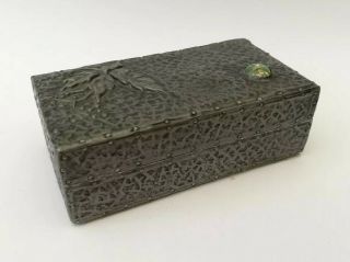 Antique Arts & Crafts Movement Hammered Pewter Stamp Box W/ Cabachon