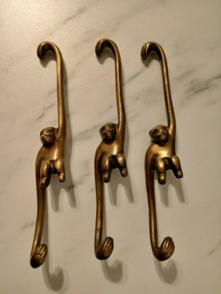 Vintage Brass Hanging Monkey Hooks Hangers Mid Century Hardware 3 Identical