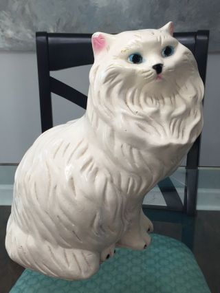 Vintage White Persian Cat Chalkware Plasterware Bank Made In Mexico 12.  75”
