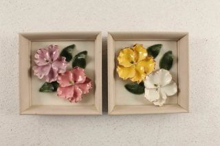 Vintage Mid Century Framed Ceramic Flowers Wall Decor