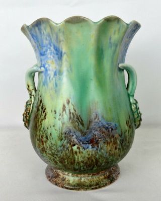 Vintage Arts & Crafts Pottery Vase Matte Green Brown Blue Faces Mottled England