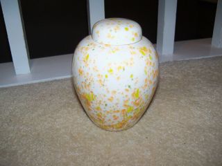 Mid Century Modern Retro White Yellow Orange Speckled Lidded Candy Jar Urn