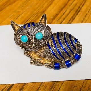 Vintage Chinese Export Silver Enamel Filigree Cat Brooch Pin Turquoise Eyes