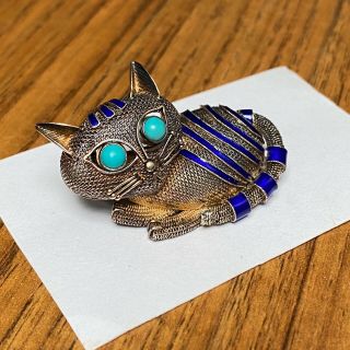 Vintage Chinese Export Silver Enamel Filigree Cat Brooch Pin Turquoise Eyes 2