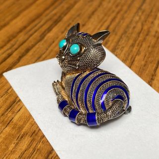 Vintage Chinese Export Silver Enamel Filigree Cat Brooch Pin Turquoise Eyes 3