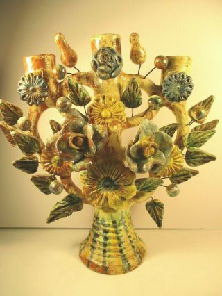 Vintage Mexican Pottery Folk Art Tree Of Life Candelabra W/birds & Flowers Vgc