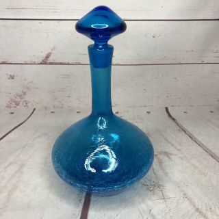 Vintage Blenko Crackle Glass Decanter 10 " Mid Century Blue Vase