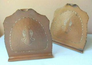 Antique Craftsman Studios Hammered Copper Bookends Los Angeles Abstract Design