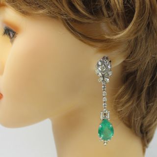 Vintage Max Muller Emerald Green And Clear Rhinestone Long Dangle Earrings