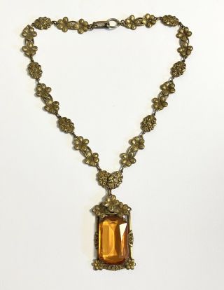 Vtg 1920’s Art Nouveau Topaz Glass Pendant & Ornate Brass Necklace