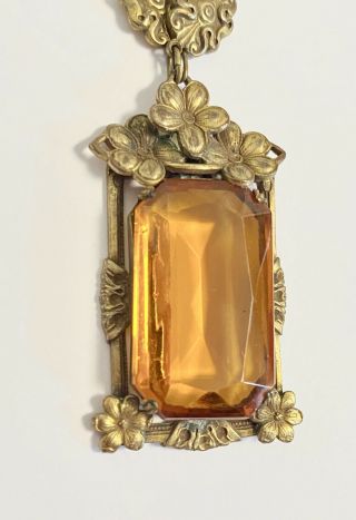 VTG 1920’s ART NOUVEAU TOPAZ GLASS Pendant & Ornate Brass Necklace 2
