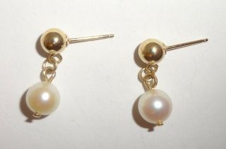 Vintage 14k Yellow Gold & 7mm Pearl Drop Dangle Stud Earrings