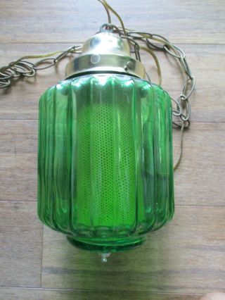 Vintage Retro Mid Century Modern Green Glass hanging Swag Lamp Light w/ Chain 2