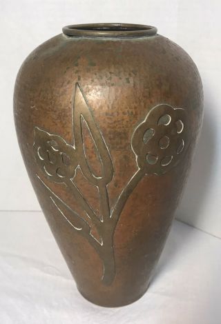 Antique 10.  5” Arts Crafts Mission Period Hammered Copper Brass Vase Dove Tailed.