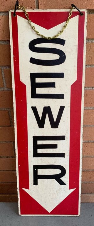 Vintage Double Sided Hanging " Sewer " Sign Red Black White Man Cave Wall Hanging