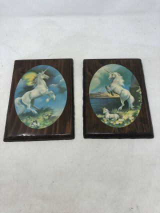 Vintage Mid Century Modern Unicorn Wall Plaque Lacquered Wood Pair Mcm
