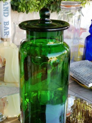 Large 13.  25 " T Apothecary Jar W/lid Takahashi Mcm 60s Classic Avocado Green Glass
