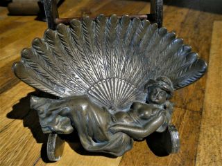 Vintage Brass Art Nouveau Woman Trinket Dish - Feather Fan Lady Ashtray