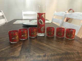 6 Vtg Culver Red Gold Paisley Flared Low Ball Old Fashioned Glasses W/pitcher
