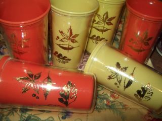 Vintage Rare Set Of 6 Double Layered Mid Century Plastic Tumblers,  Gold Leaves