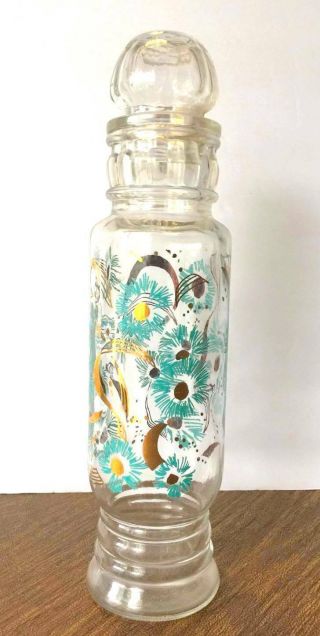 Mid Century Modern Glass Apothecary Jar With Lid Turquoise Flower Gold Leaf 11 "