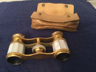 Antique French Mother Of Pearl Opera Glasses,  With Leather Case