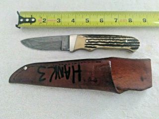 Vintage Bear Mgc U.  S.  A.  Damascus Stag Scales Hunting Knife And Sheath
