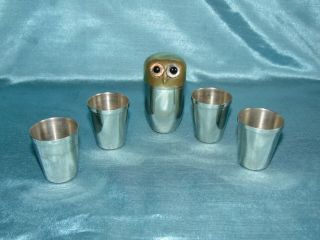 Exquisite Period Art Deco Silver Plated And Brass Shot Cups Owl Case Glass Eyes